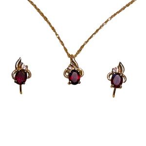 Gold Tone Necklace & Clip Earrings w/ Burgundy Stones